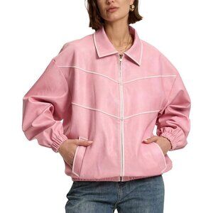 Women's Pink Oversized Y2K Faux Leather Jackets Vintage Plus Motorcycle Coats